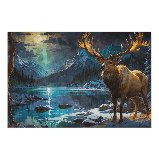 Wapiti (Elk) & Winterleuchten Poster (Vorderseite)