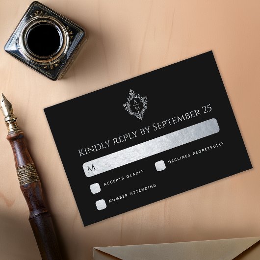 Wappen Black Imitats Silver Wedding Monogram Elega RSVP Karte