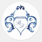 Wappen Blau-Weiß Delft Mit Monogramm Hochzeit Runder Aufkleber (Vorderseite)