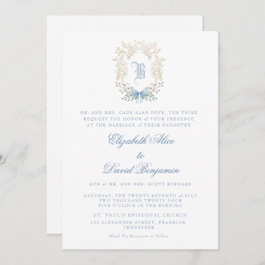 Wappen Blue Initial Wedding Einladung (Vorne/Hinten)