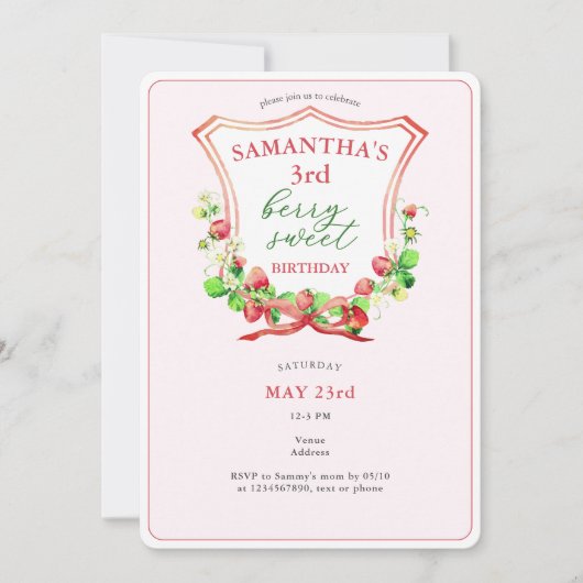 Wappen Bow Berry Sweet Watercolor jedes Alter Gebu Einladung (Vorderseite)