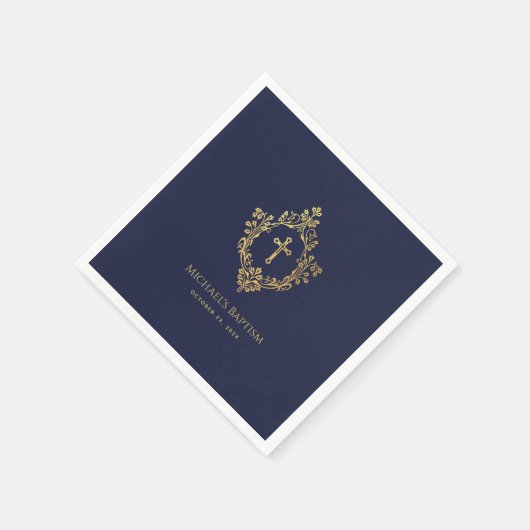 Wappen Boy Baptism Navy Blue Elegante Imitate Gold Serviette (Ecke)