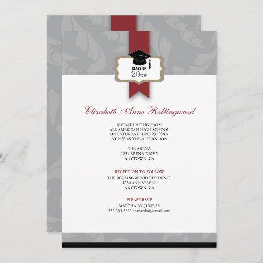 Wappen Curls Muster Abschluss: Silbergrau Einladung (Vorne/Hinten)