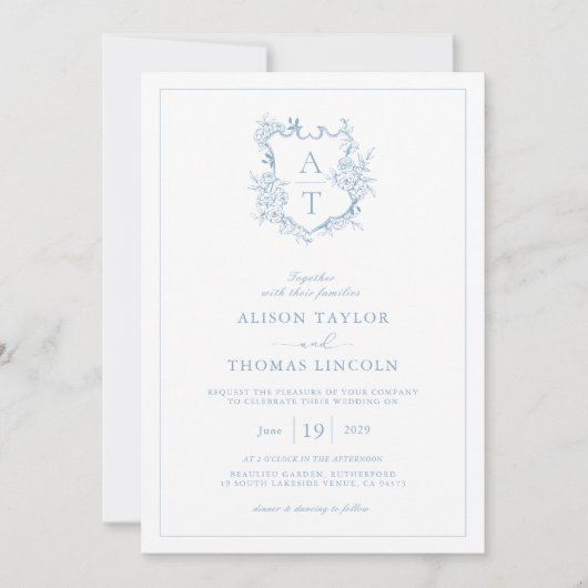 Wappen Dusty Blue Monogram QR Code Hochzeit Einladung (Vorderseite)
