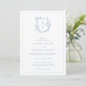 Wappen Dusty Blue Monogram QR Code Hochzeit Einladung (Stehend Vorderseite)