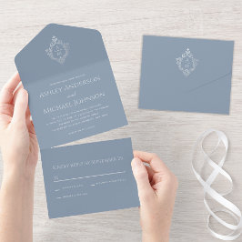 Wappen Dusty Blue Vintage Wedding Monogram und UAW All In One Einladung