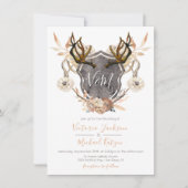 Wappen floral Wasserfarben Antler Hochzeit Einladu Einladung (Vorderseite)