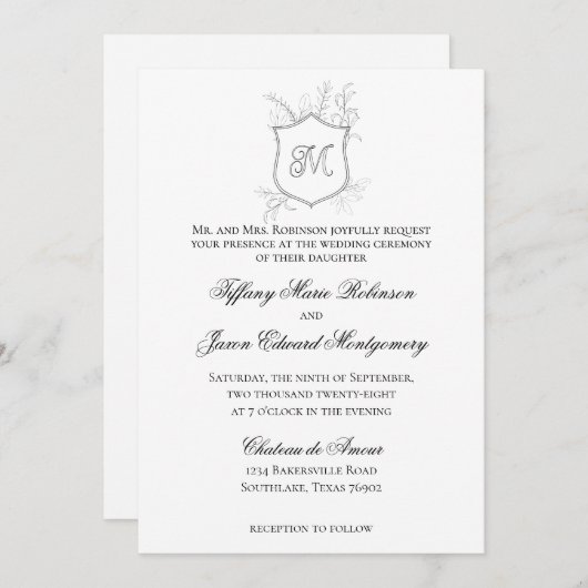 Wappen Foliage Moderne klassische Schwarz-weiße Ho Einladung (Vorne/Hinten)