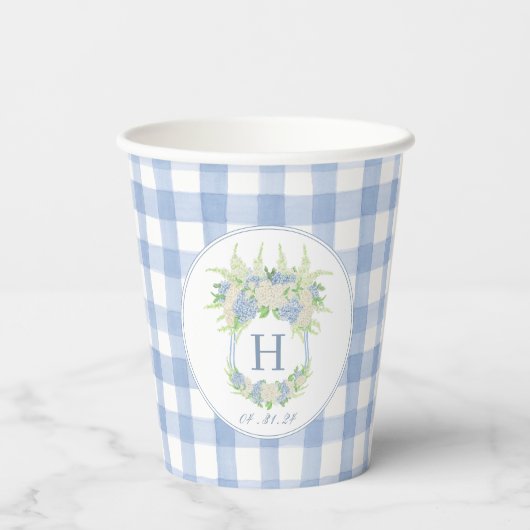 Wappen Gingham: Aquarell Blau und Weiße Hydrangea Pappbecher (Rückseite)