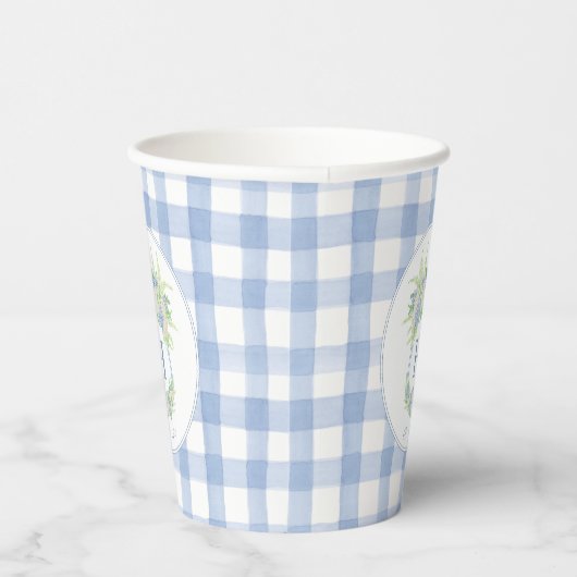 Wappen Gingham: Aquarell Blau und Weiße Hydrangea Pappbecher (Rechts)
