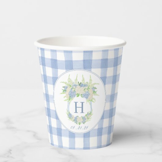 Wappen Gingham: Aquarell Blau und Weiße Hydrangea Pappbecher (Vorderseite)