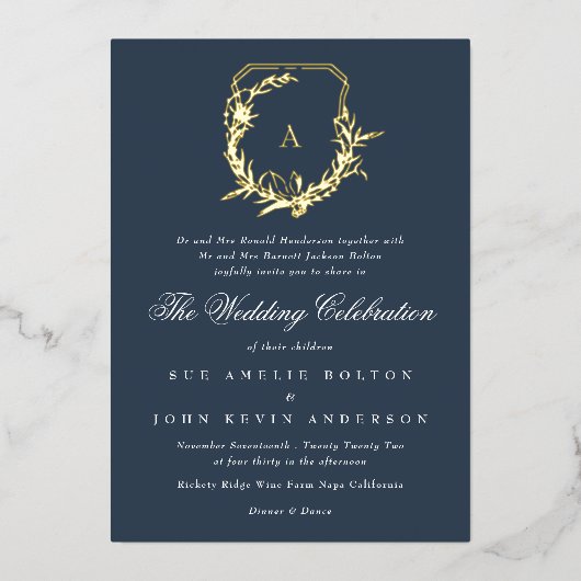 Wappen-Hochzeit in Mono Folieneinladung (Vorderseite)