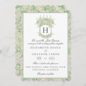Wappen-Hochzeit von Aquarellgrün und Weiß Einladung (Vorne/Hinten)