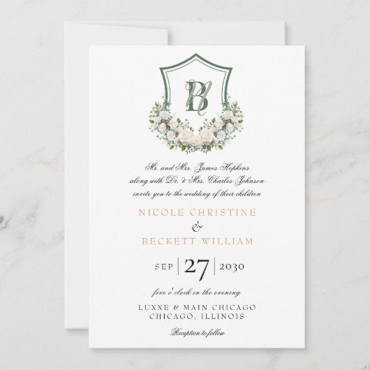 Wappen Hochzeit von weißen Blume Einladung (Vorderseite)