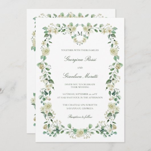 Wappen mit weißer Flora und Monogramm Einladung (Vorne/Hinten)