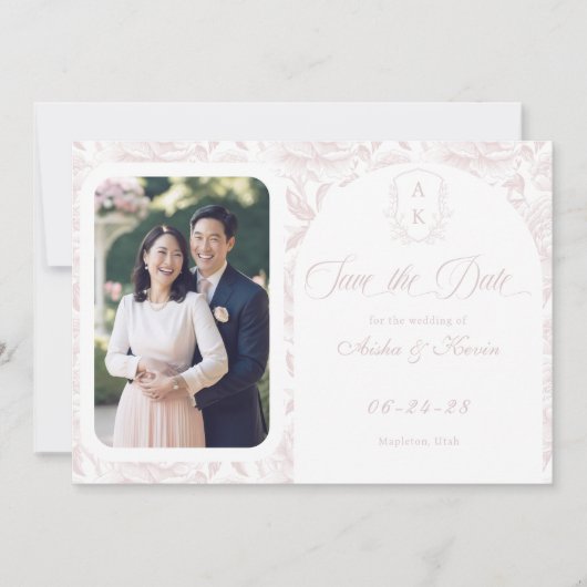 Wappen Monogram Blush Pink Script Foto Save The Date (Vorderseite)