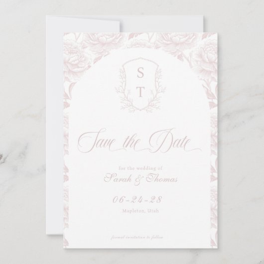 Wappen Monogram Blush Pink Script Save The Date (Vorderseite)