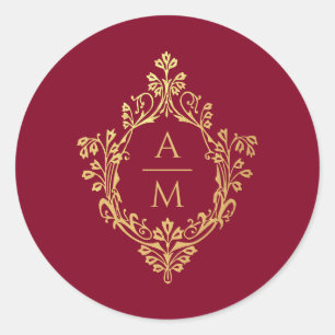 Wappen Monogram Burgundy Imitats Gold Vintage Wedd Runder Aufkleber