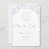 Wappen Monogram Dusty Blue Script Save The Date (Vorderseite)