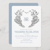 Wappen Monogram Dusty Blue Wedding Einladung (Vorne/Hinten)