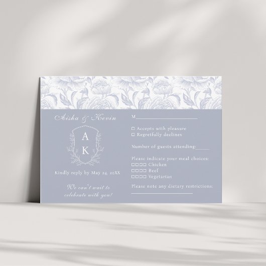 Wappen Monogram Dusty Blue Wedding Landschaft RSVP Karte
