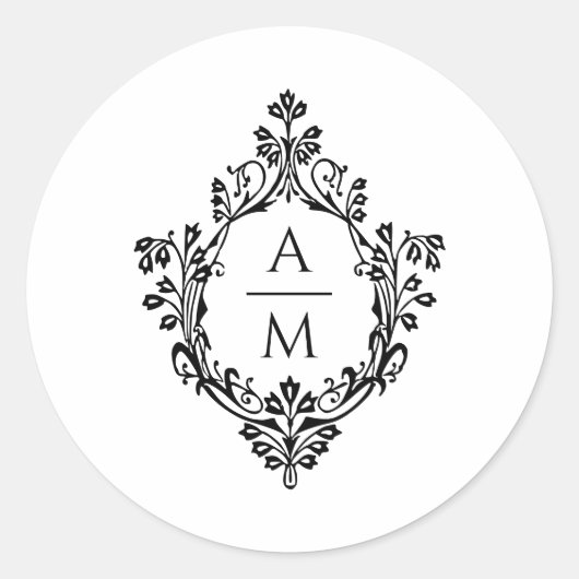 Wappen Monogram Elegant Black and White Wedding Runder Aufkleber (Vorderseite)