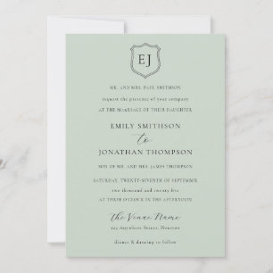 Wappen Monogram Initials Sage Green Formal Wedding Einladung