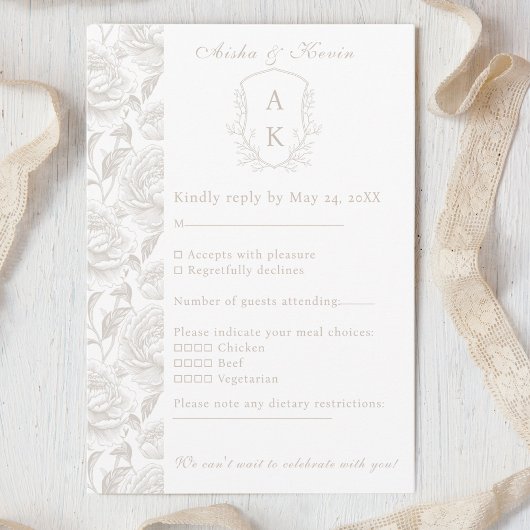 Wappen Monogram Pale Taupe Hochzeit RSVP Karte