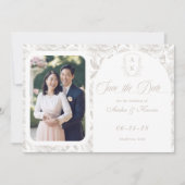 Wappen Monogram Pale Taupe Script Foto Save The Date (Vorderseite)