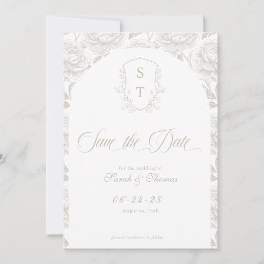 Wappen Monogram Pale Taupe Script Save The Date (Vorderseite)
