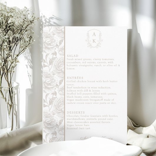Wappen Monogram Pale Taupe Wedding Menu Card Menükarte
