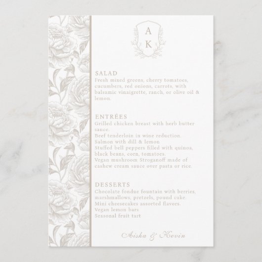 Wappen Monogram Pale Taupe Wedding Menu Card Menükarte (Vorderseite)