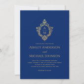 Wappen Monogram Royal Blue Imitats Gold Foil Weddi Einladung (Vorderseite)