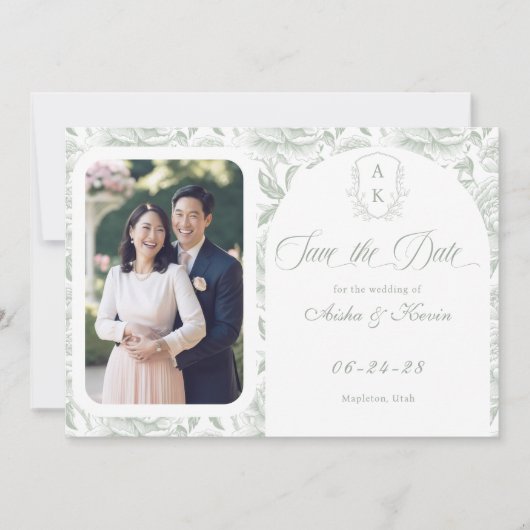 Wappen Monogram Sage Green Script Foto Save The Date (Vorderseite)