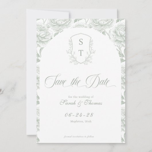 Wappen Monogram Sage Green Script Save The Date (Vorderseite)