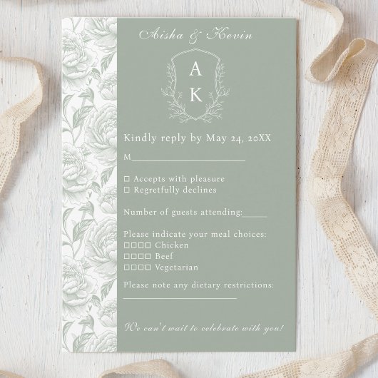 Wappen Monogram Sage Green Wedding RSVP Karte