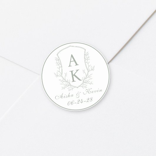 Wappen Monogram Sage Green Wedding Runder Aufkleber
