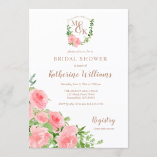 Wappen-Monogramm-Initialen-rosa Rosen-Brautparty Einladung