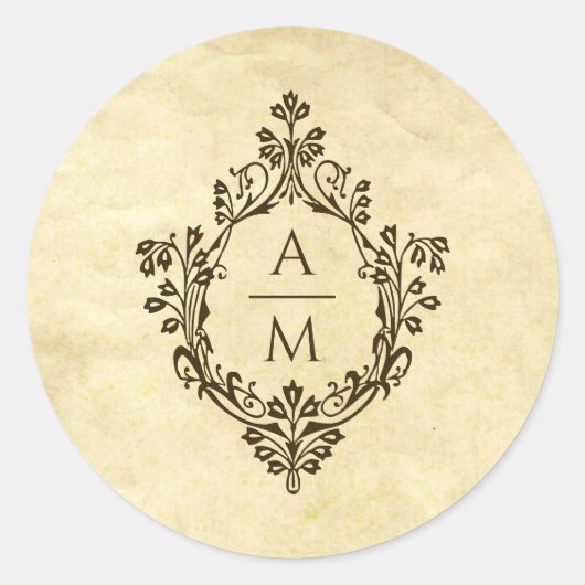Wappen Monogramm Vintages Pergament Viktorianisch  Runder Aufkleber (Vorderseite)