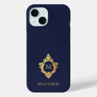 Wappen Navy Blue Gold Monogram Name Vintag