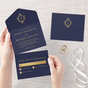 Wappen Navy Blue Imitats Gold Elegante Wedding Mon All In One Einladung