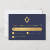 Wappen Navy Blue Wedding Monogram Imitate Gold Ele RSVP Karte (Vorderseite)