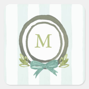 Wappen Pastell Light Blue und Green Monogram Quadratischer Aufkleber