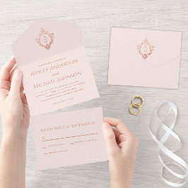 Wappen Rosa Rose Gold Vintage Hochzeit Monogram UA All In One Einladung