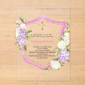 Wappen Rosa violette Blumen Mädchen klar Taufe Acryleinladungen (Vorderseite)