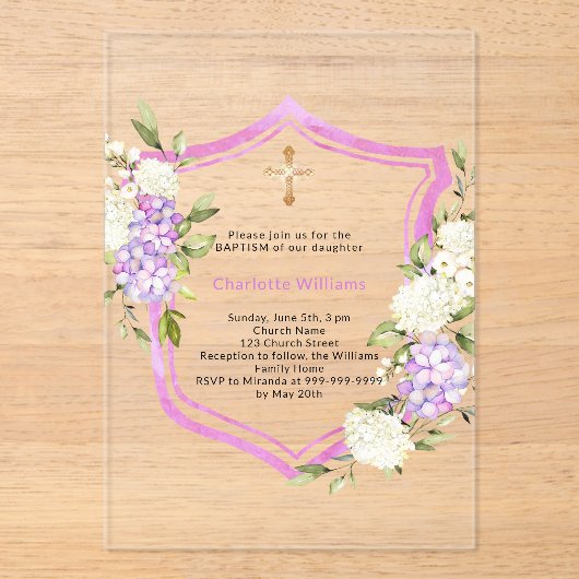 Wappen Rosa violette Blumen Mädchen klar Taufe Acryleinladungen (Vorderseite)