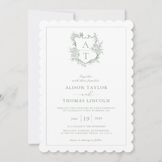 Wappen Sage Green Monogram QR Code Hochzeit Einladung (Vorderseite)