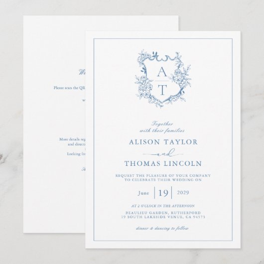 Wappen Vibrant Blue Monogram QR Code Wedding Einladung (Vorne/Hinten)