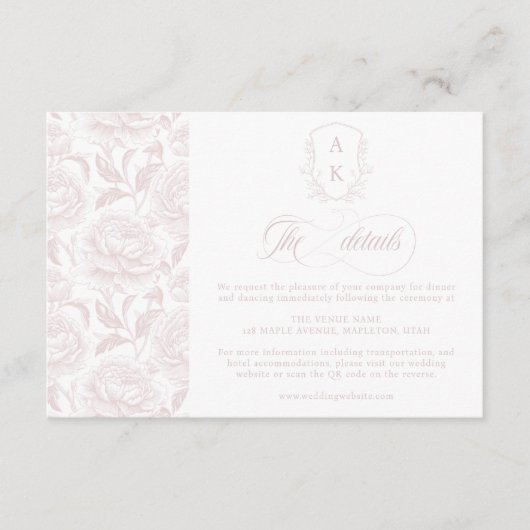 Wappen Wedding Monogram Blush Pink Script Details Begleitkarte (Vorderseite)