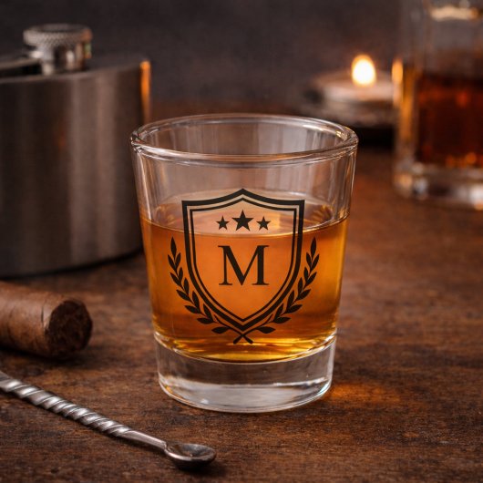 Wappenmonogramm-Schild und Lorbeer-Design Schnapsglas